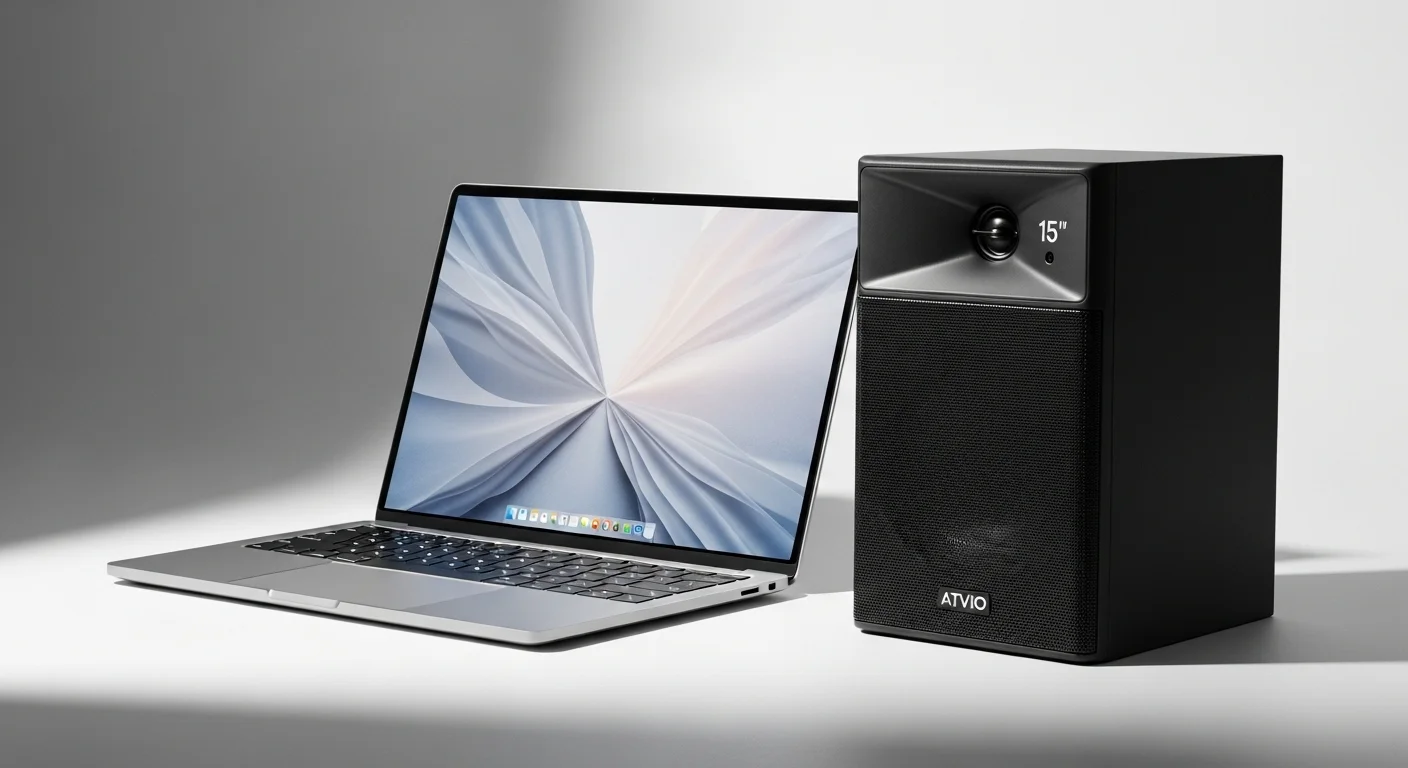 Una bocina Atvio 15 pulgadas junto a una laptop moderna, mostrando la sinergia entre computadoras y equipos de audio de alta potencia.