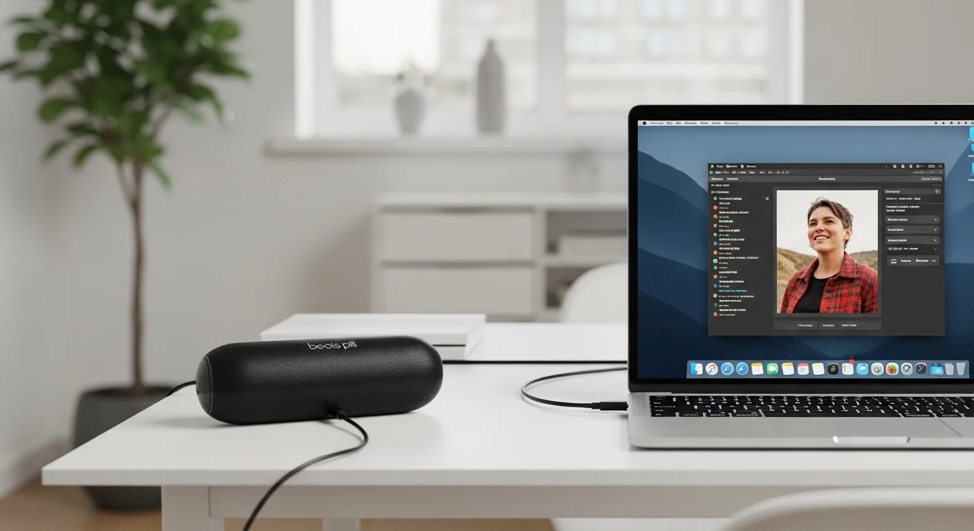 Bocina Beats Pill negra conectada a una computadora portátil, mostrando un moderno y minimalista espacio de trabajo.