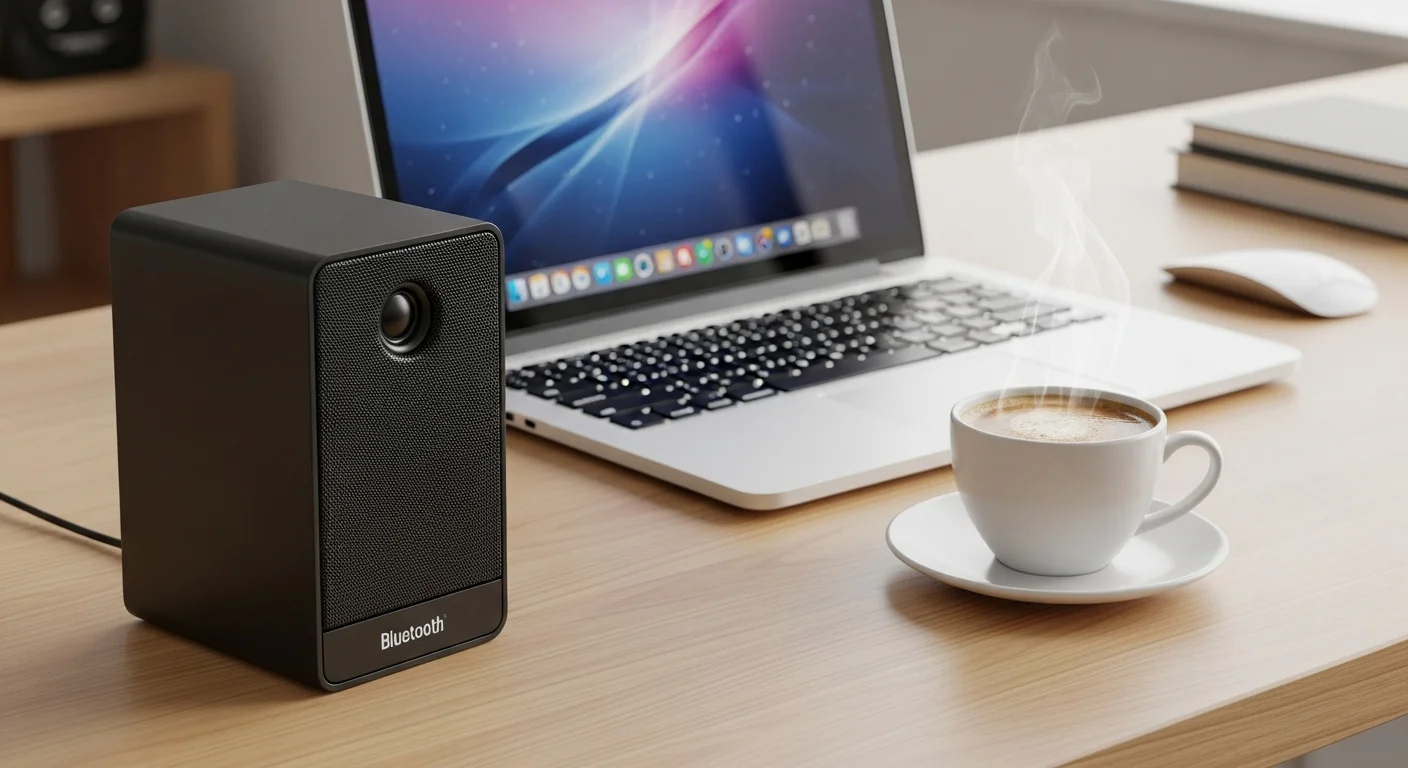 Bocina Bluetooth barata de color negro sobre un escritorio de madera junto a una laptop y una taza de café, representando una mejora de audio para computadoras.