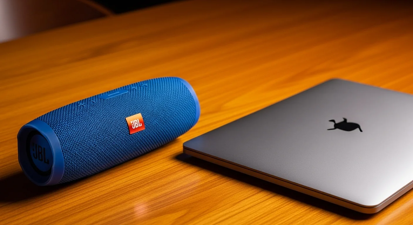 Una bocina Bluetooth JBL Flip 5 color azul colocada sobre un escritorio de madera junto a una laptop moderna, mostrando la perfecta integración entre computadoras y tecnología de audio.