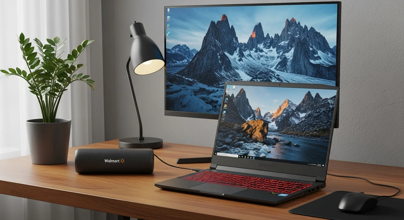 Una configuración de escritorio moderna con una computadora portátil, un monitor y una bocina bluetooth de Walmart en la mesa.