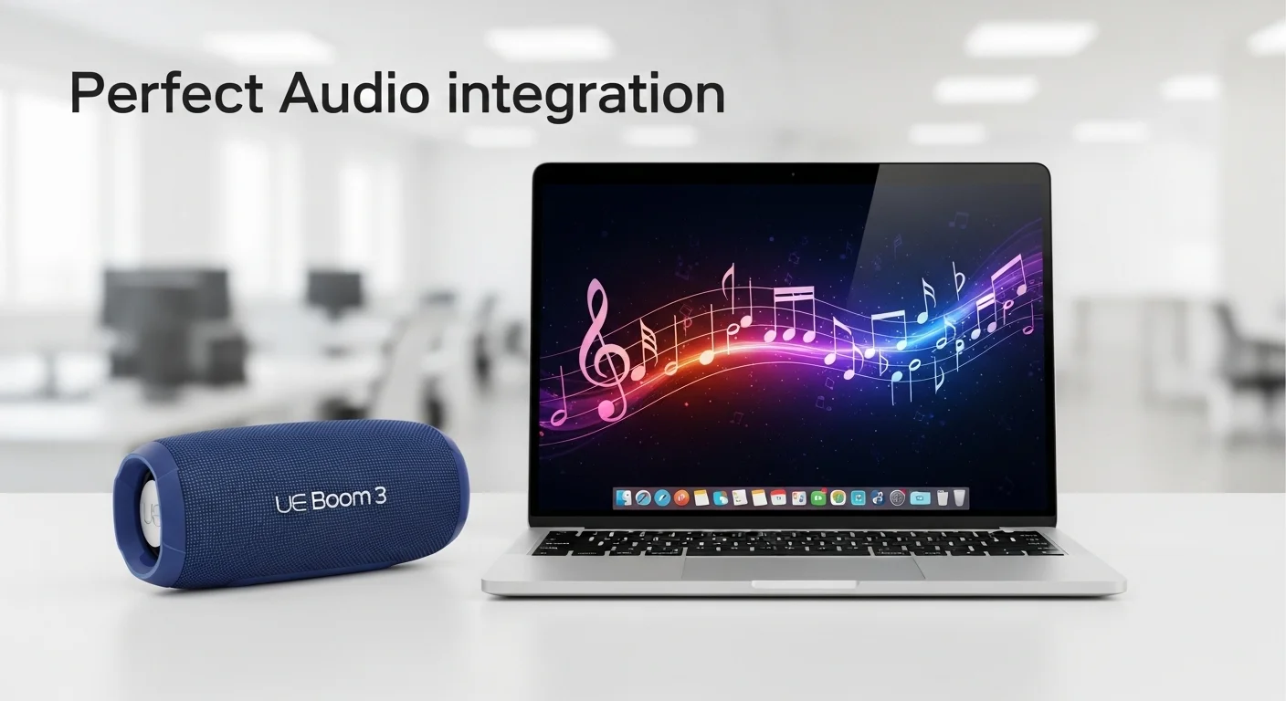 Una bocina UE Boom 3 junto a una computadora portátil moderna, mostrando la perfecta integración de audio y tecnología.
