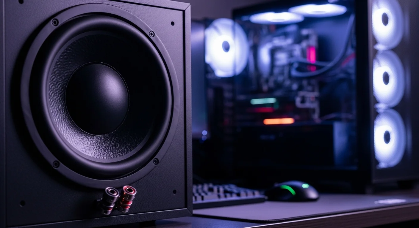 Subwoofer de alto rendimiento con cono visible y terminales de bocina doble bobina junto a una setup de computadoras gamer iluminada