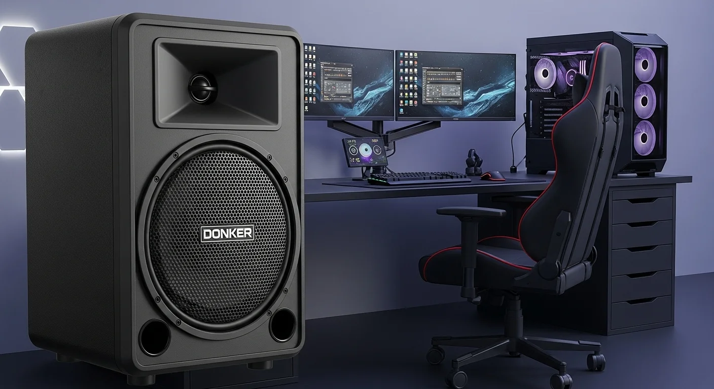 Bocina Donker de 15 pulgadas junto a una configuración de computadora de escritorio, mostrando su uso en un entorno tecnológico.