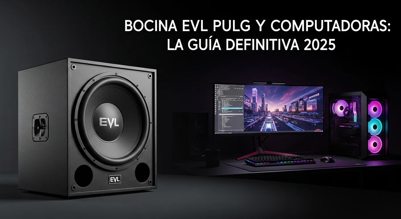 Una bocina EVL de 18 pulgadas junto a un moderno setup de computadoras, mostrando la integración de audio profesional y tecnología.