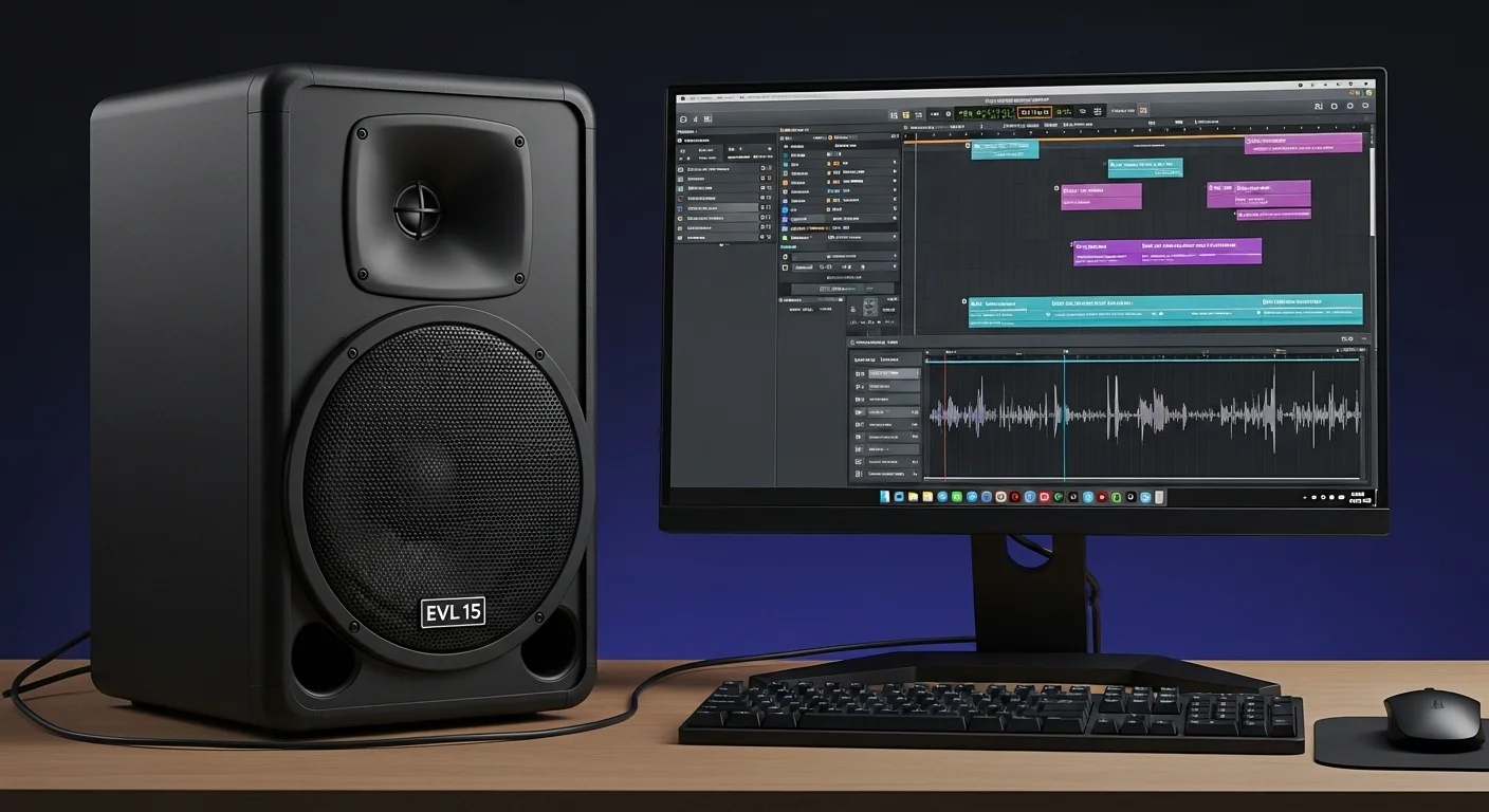 Bocina EVL 15 amplificada conectada a una computadora de escritorio mostrando una interfaz de producción musical, simbolizando potencia de audio para tecnología.