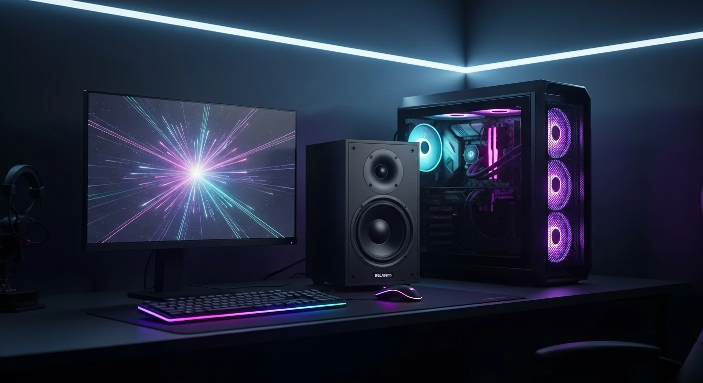 Una potente bocina EVL Watts junto a un setup de computadora gaming, con luces LED iluminando el escritorio.
