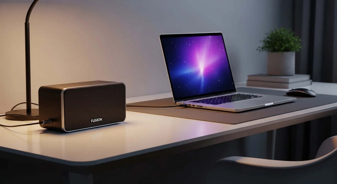 Bocina Fussion Acustic conectada a una laptop sobre un escritorio moderno, mostrando la sinergia entre computadoras y audio de calidad.