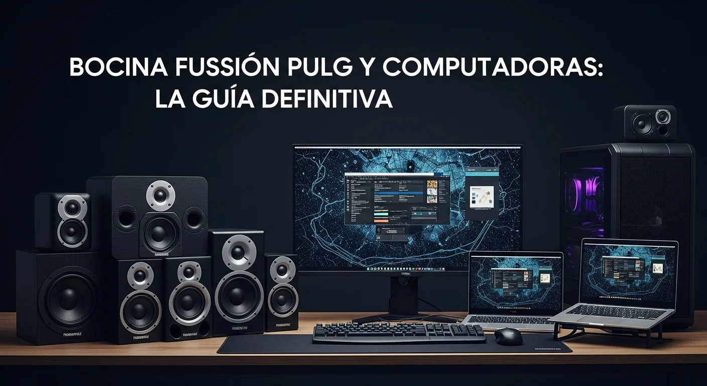 Una completa gama de Bocinas Fussion Pulg, incluyendo los tamaños de 8, 12 y 15 pulgadas, exhibidas junto a un moderno setup de computadoras de escritorio y laptops, demostrando su versatilidad.