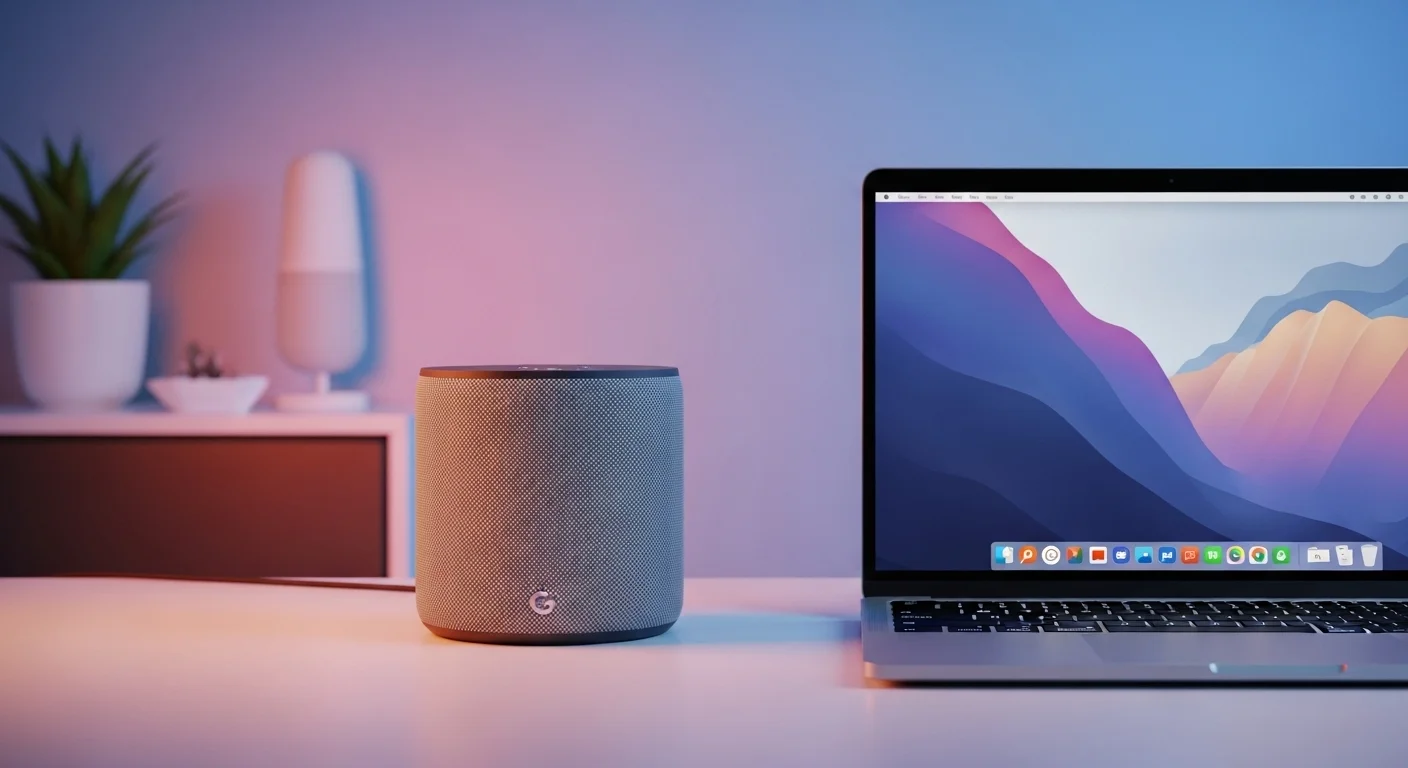 Una bocina Google Nest Audio al lado de una laptop moderna, simbolizando la integración entre el asistente de voz y las computadoras.