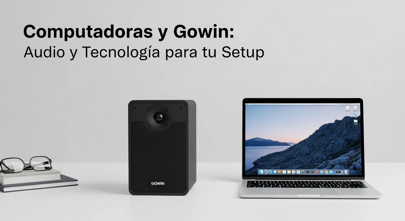Una bocina gowin de 8 pulgadas colocada junto a una moderna computadora portátil en un escritorio de oficina, mostrando un entorno de trabajo tecnológico y con audio mejorado.