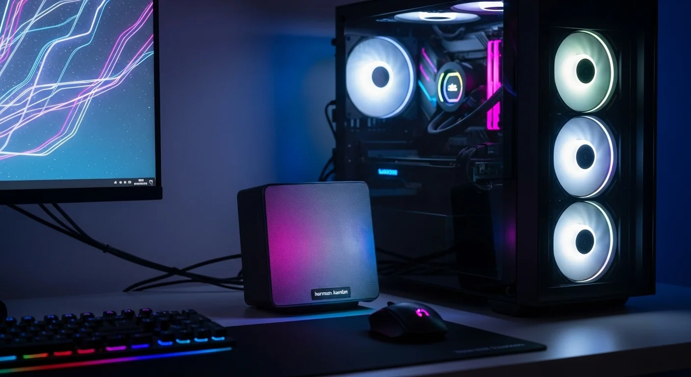 Bocina Harman Kardon Aura Studio 3 iluminada, conectada a una moderna configuración de computadoras de escritorio, mostrando la fusión de tecnología y diseño.