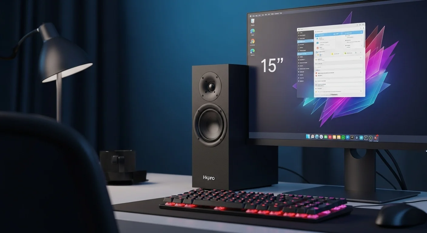 Una bocina Hkpro de 15 pulgadas colocada junto a un moderno setup de computadoras, con monitor y teclado iluminados, demostrando la integración de audio potente en un entorno tecnológico.