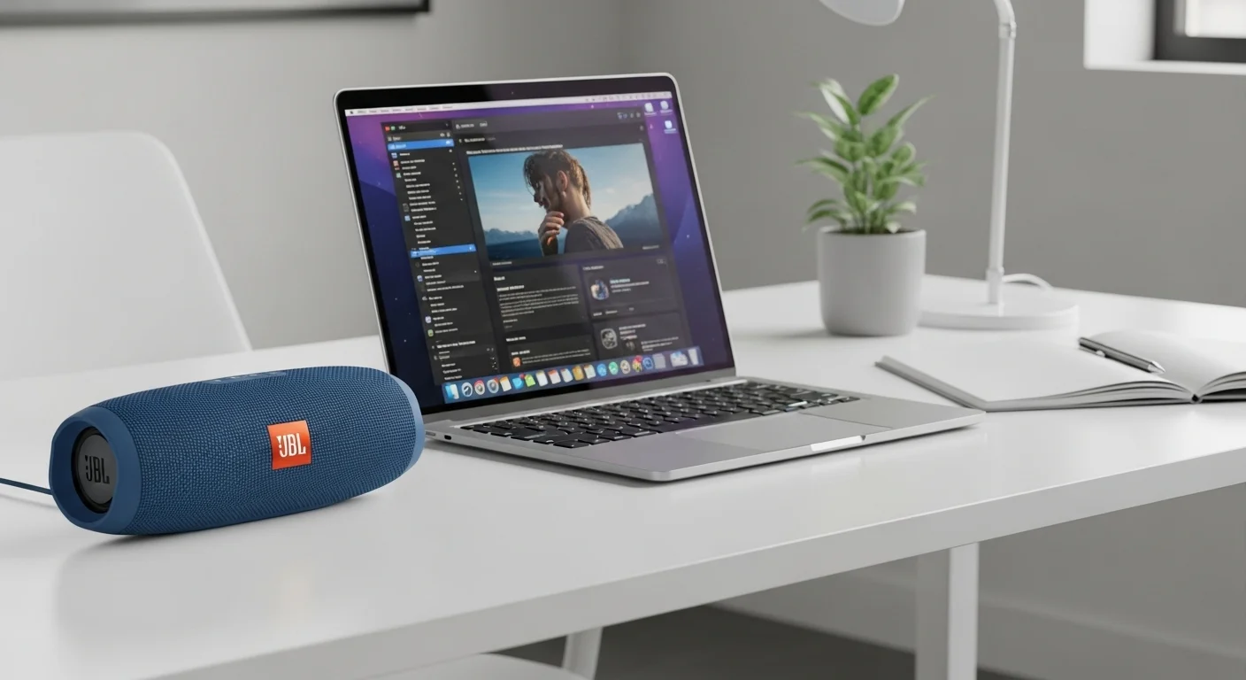 Una bocina JBL Charge 5 color azul colocada en un escritorio moderno junto a una laptop abierta, mostrando su integración con computadoras y tecnología de oficina.