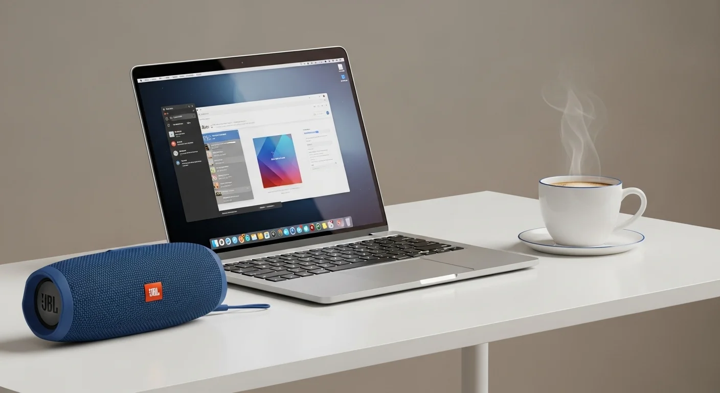 Bocina JBL Charge 5 de color azul sobre un escritorio moderno junto a una laptop y una taza de café, ilustrando el concepto de precio bocina jbl para computadoras.