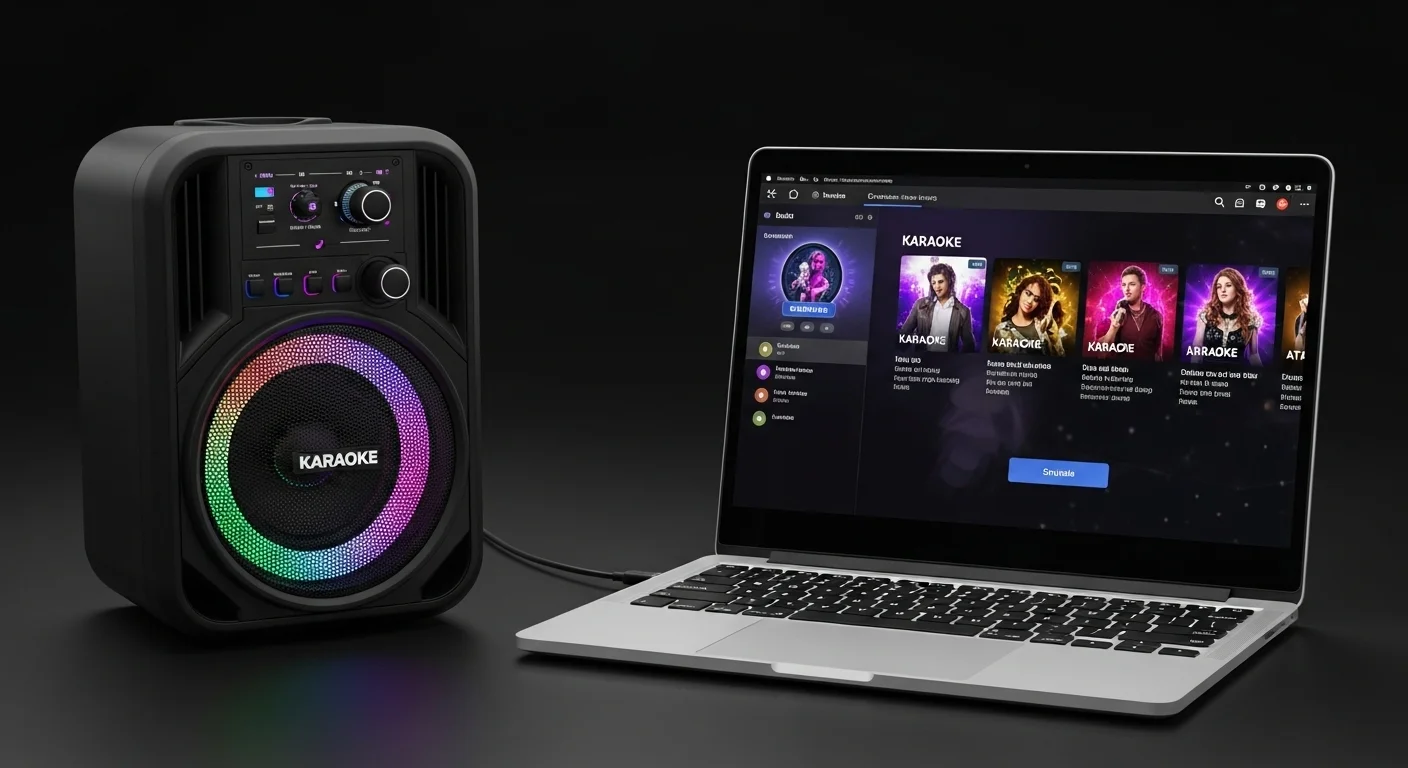 Una bocina karaoke moderna con luces LED de colores conectada a una laptop que muestra una interfaz de karaoke, ilustrando la conexión entre computadoras y entretenimiento de audio.