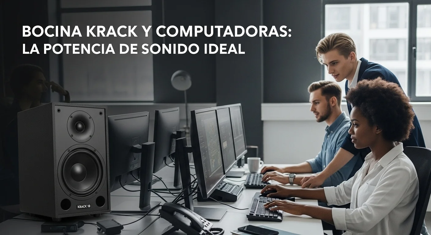 Potente Bocina Krack 18 conectada a una estación de trabajo con múltiples computadoras, representando la sinergia entre audio profesional y tecnología.