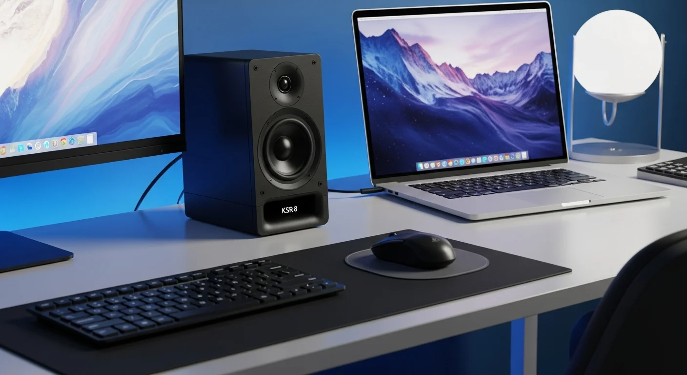 Bocina KSR 8 en un escritorio moderno junto a una laptop y otros accesorios de computadoras, mostrando su integración en un entorno de trabajo y ocio.