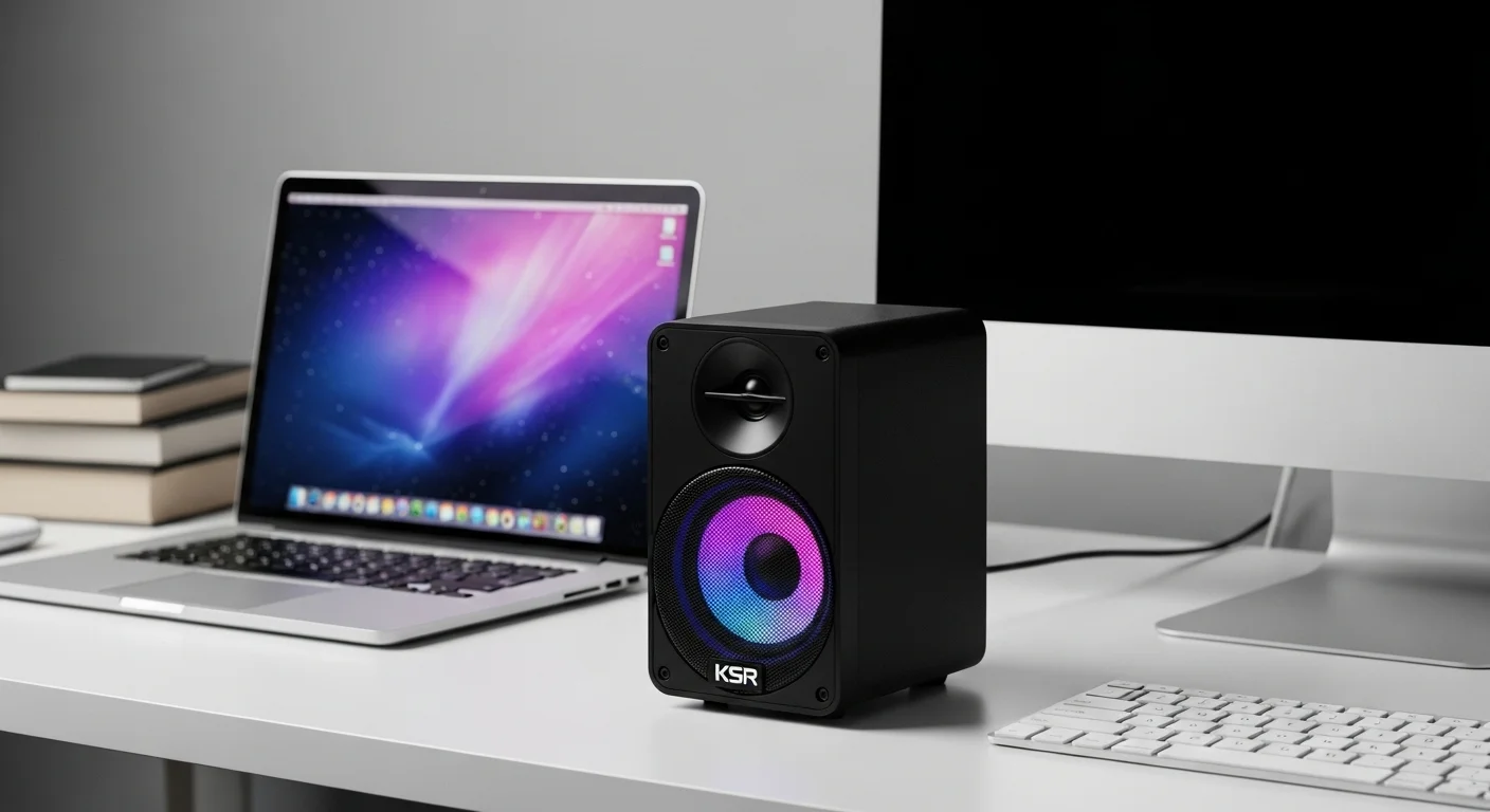 Una bocina KSR de color negro con luces LED, colocada sobre un escritorio moderno junto a una laptop y una computadora de escritorio, mostrando un entorno de trabajo y entretenimiento tecnológico.