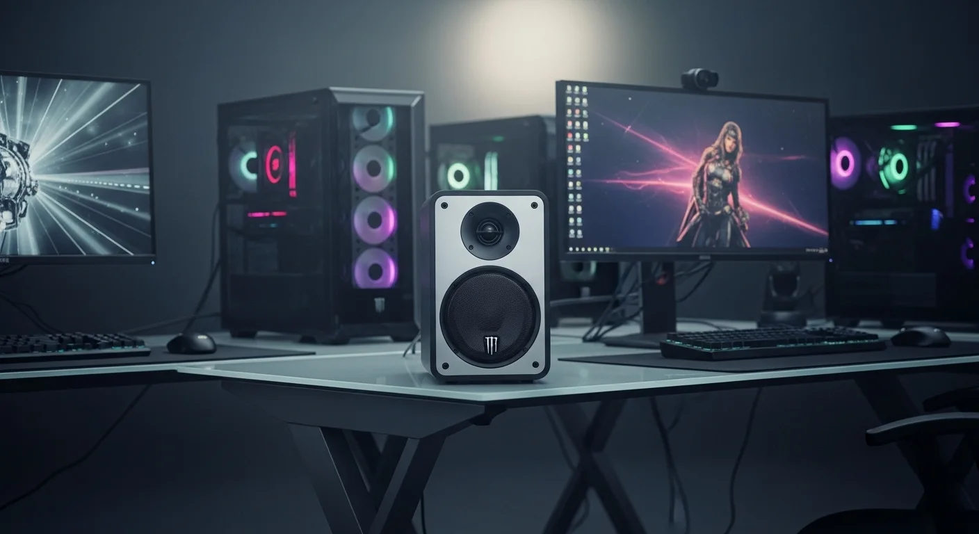 Una bocina Monster en un escritorio moderno junto a varias computadoras, mostrando un entorno de alta tecnología y gaming.