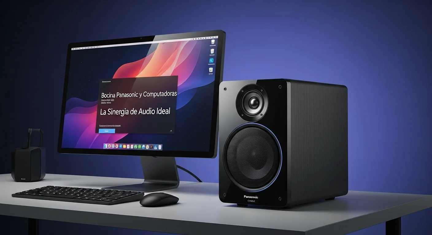 Una bocina Panasonic de la serie CMAX junto a una moderna configuración de computadoras de escritorio, mostrando la sinergia entre audio y tecnología.