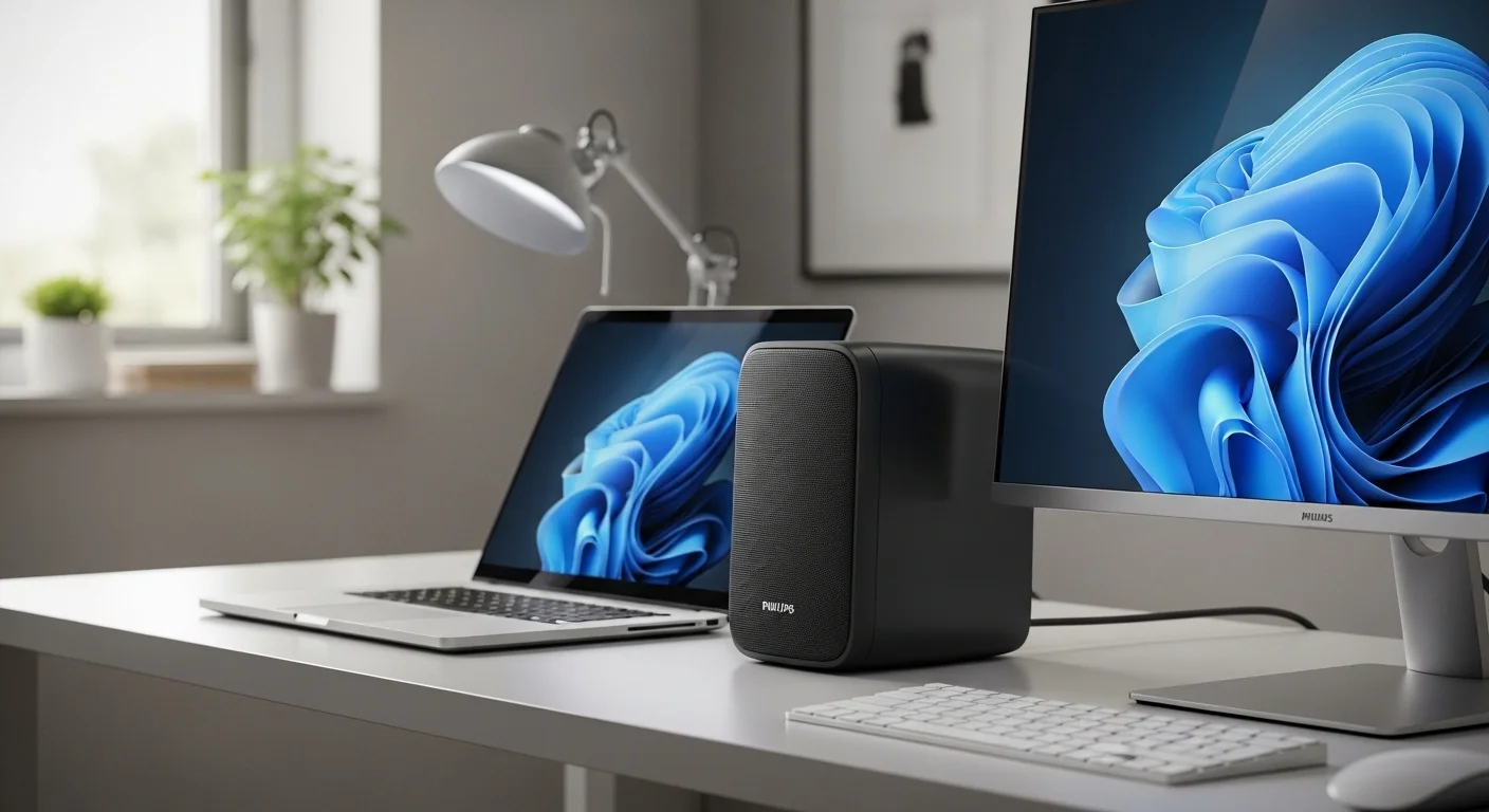 Una bocina Philips negra al lado de una laptop y un monitor en un escritorio moderno, mostrando una integración perfecta con computadoras.