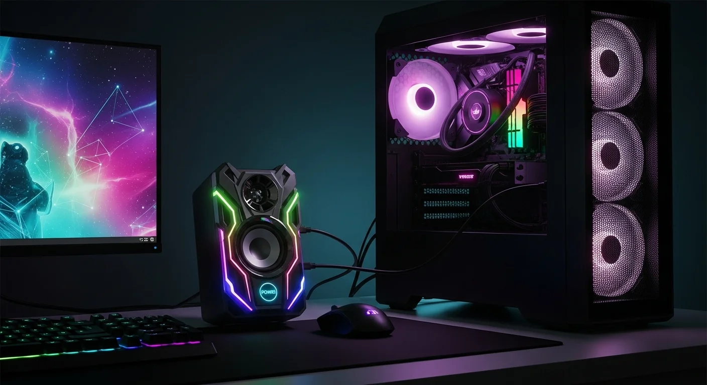 Una potente Bocina Power conectada a una computadora de escritorio con un setup de gaming iluminado, mostrando la fusión de tecnología y audio.