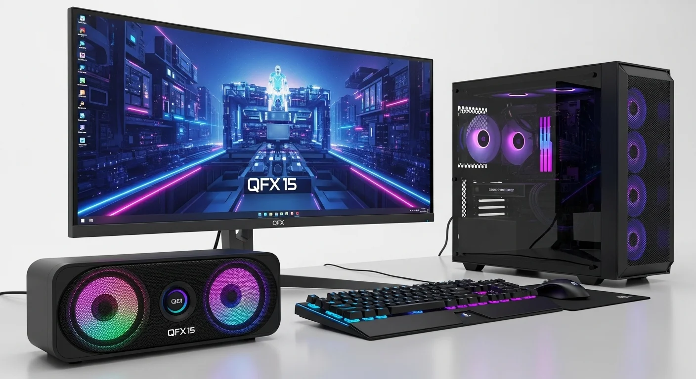 Una bocina QFX 15 con luces LED junto a un potente setup de computadoras para gaming con monitor curvo y teclado iluminado