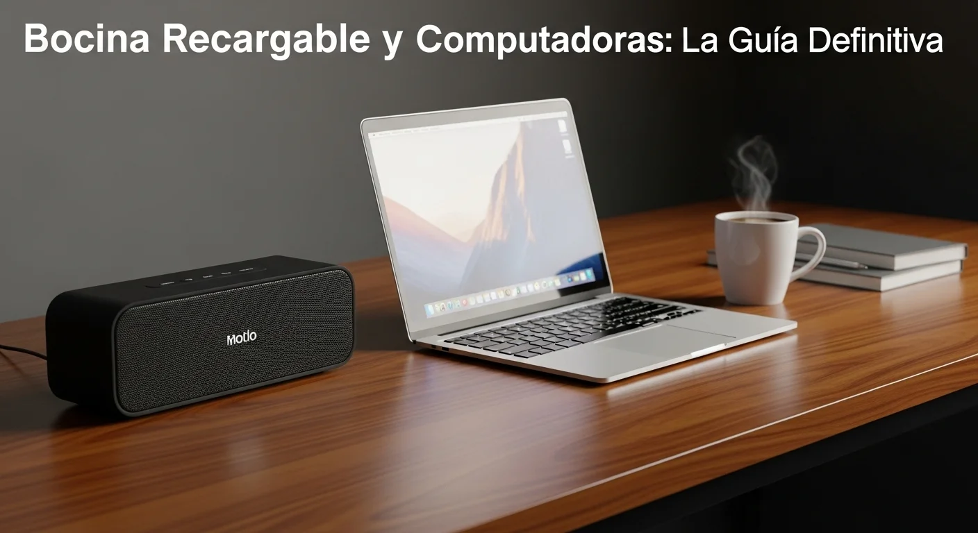 Una elegante bocina recargable bluetooth negra sobre un escritorio de madera junto a una moderna computadora portátil y una taza de café, mostrando un ambiente de trabajo tecnológico.