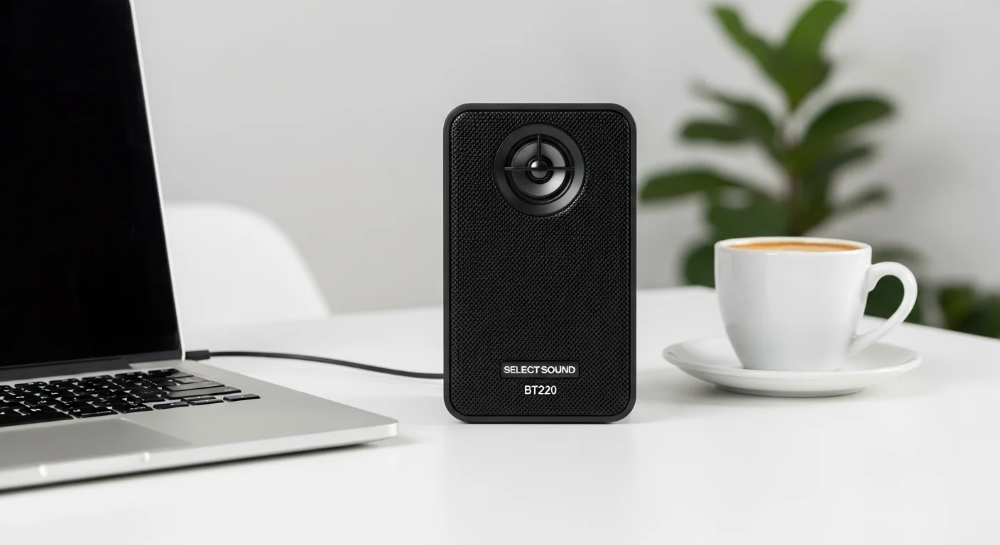 Bocina Select Sound BT220 color negro sobre un escritorio moderno junto a una laptop y una taza de café, representando un entorno de trabajo y ocio.