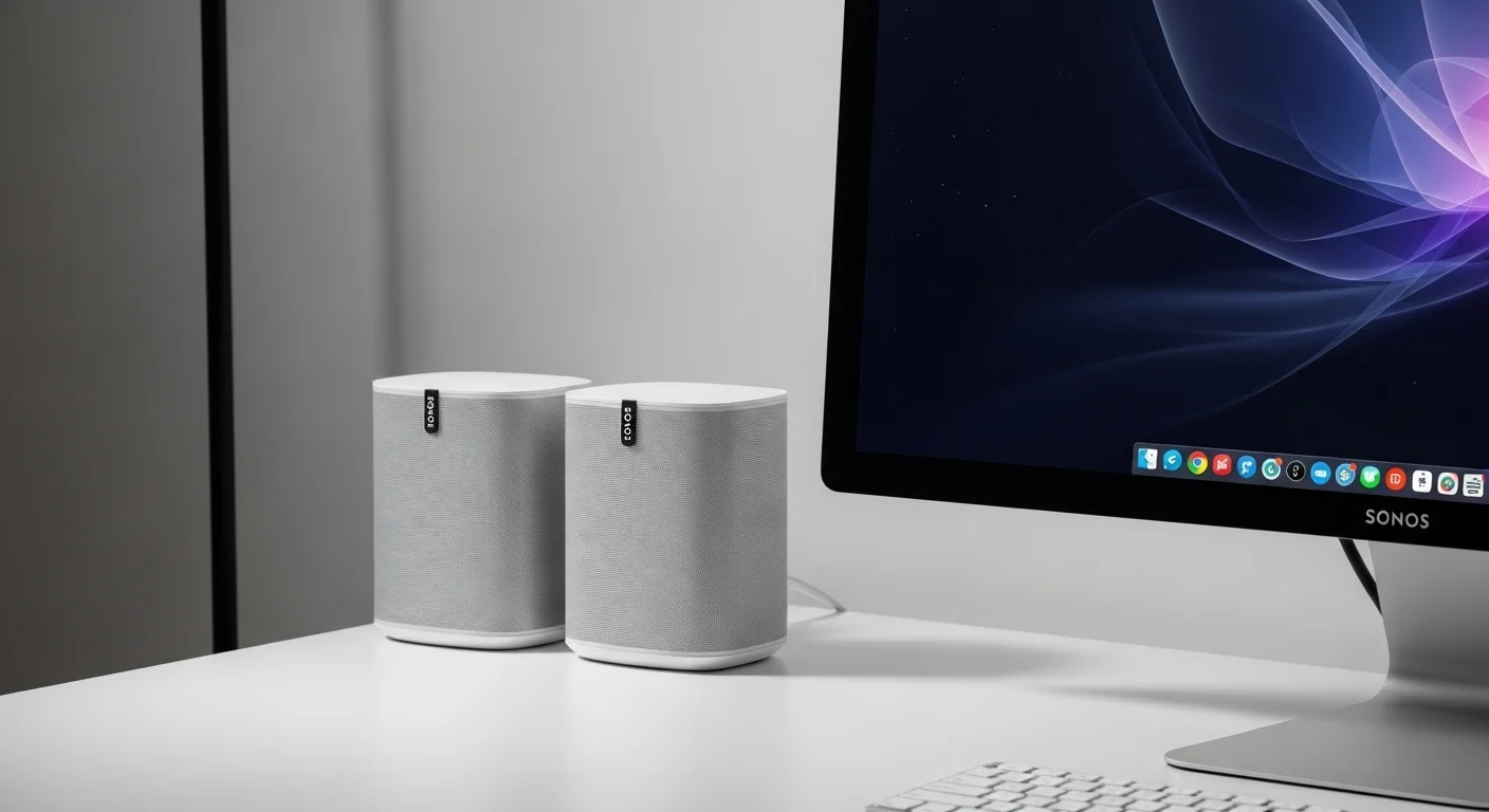 Configuración de escritorio moderna con dos bocinas Sonos One blancas junto a un monitor de computadora, mostrando un entorno de trabajo con sonido de alta calidad.