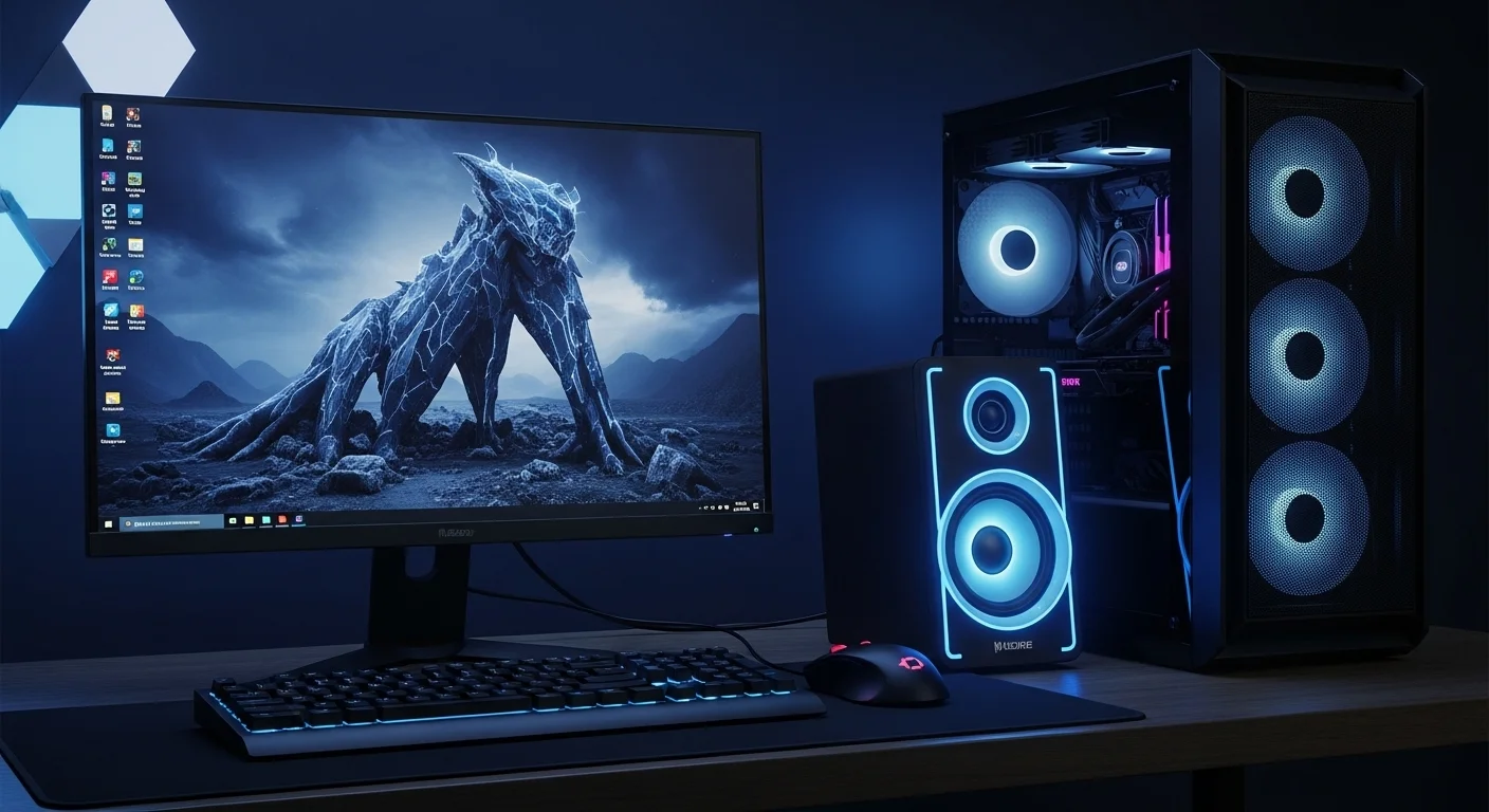 Moderno setup de computadora gamer con un sistema de Bocina Sound estéreo de alta fidelidad iluminado con luces LED azules, mostrando un ambiente tecnológico y de entretenimiento.