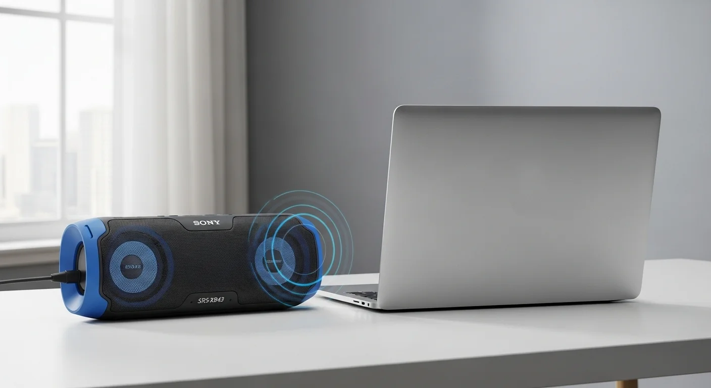 Una bocina Sony SRS-XB43 al lado de una laptop en un escritorio moderno, mostrando la perfecta integración entre computadoras y audio de alta calidad.