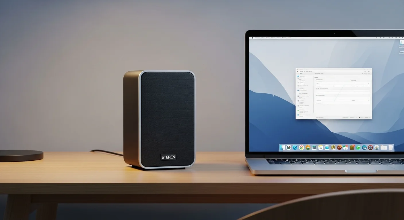 Una bocina Steren bluetooth de diseño moderno sobre un escritorio junto a una laptop, mostrando un setup de oficina en casa optimizado para el audio de computadoras.