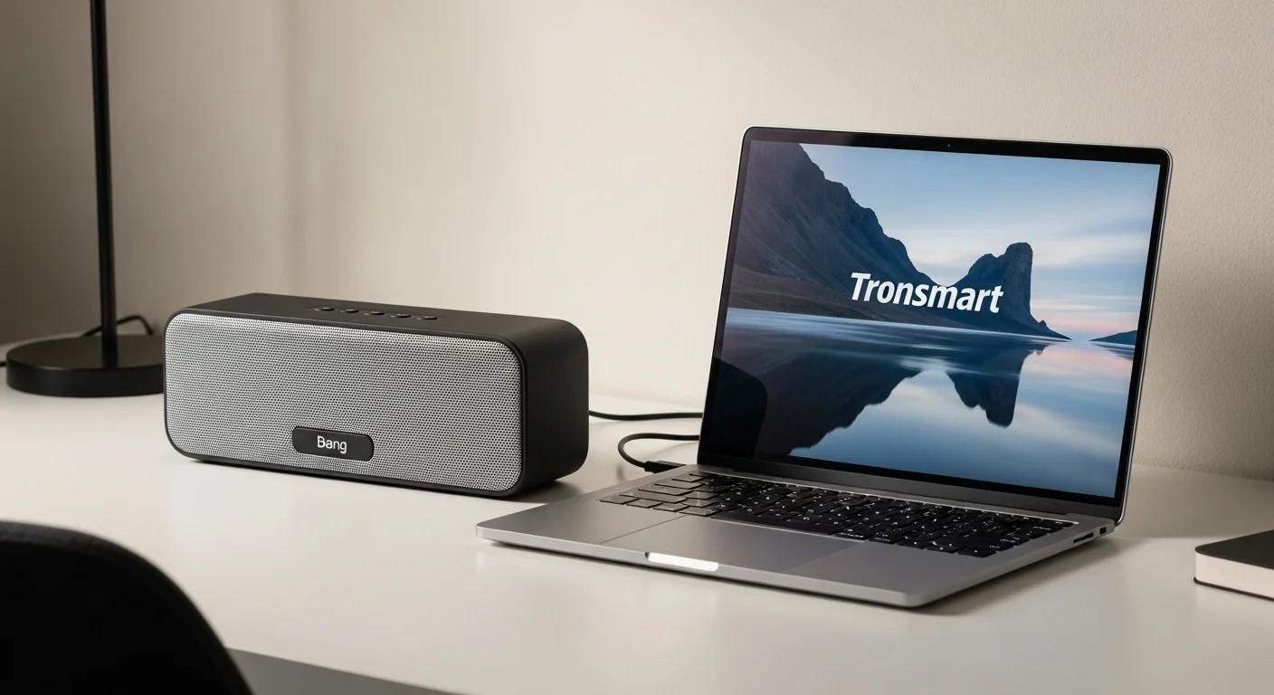 Una bocina Tronsmart Bang colocada junto a una laptop en un escritorio moderno, mostrando la sinergia entre computadoras y audio de calidad.