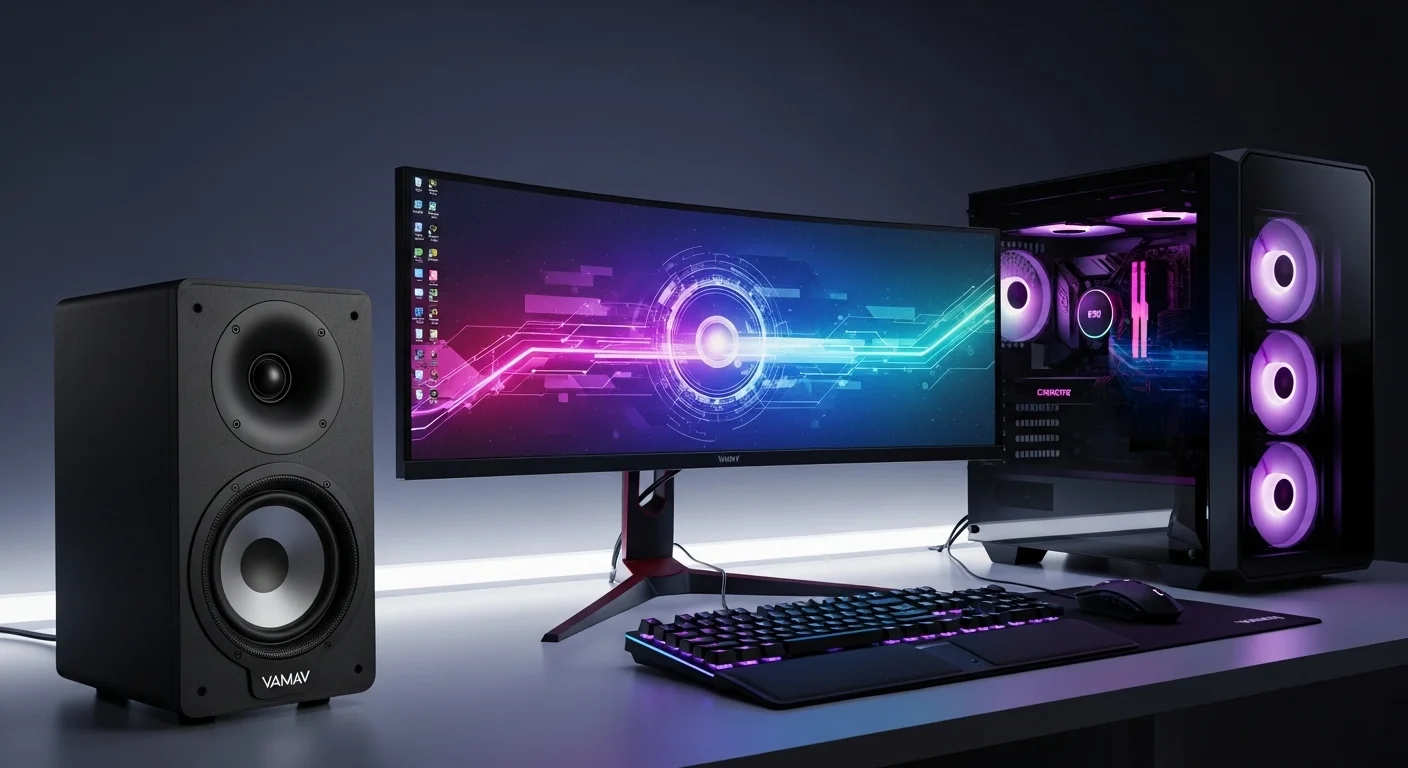 Una bocina Vamav Mercury 15 colocada junto a un potente setup de computadoras para gaming con luces LED