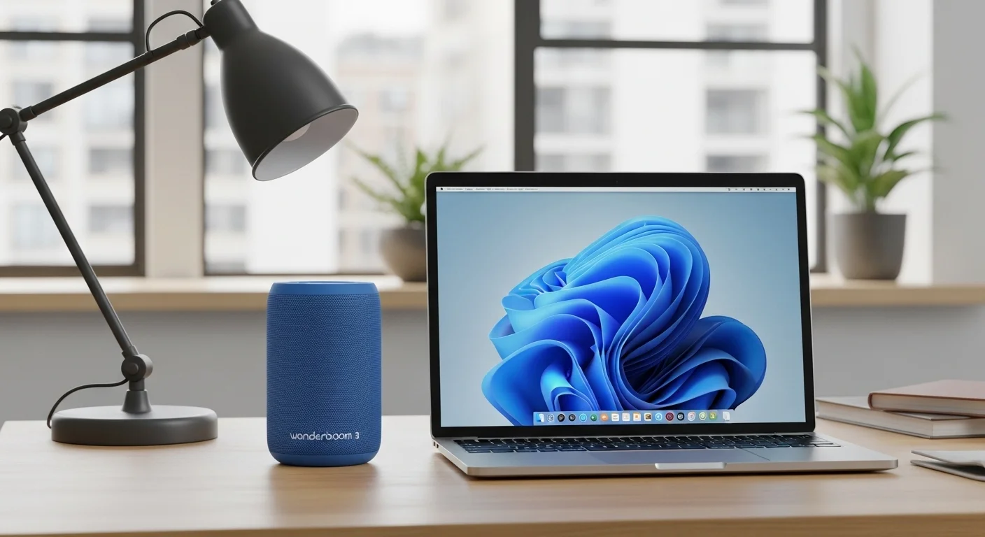 Una bocina Wonderboom 3 de color azul junto a una computadora portátil en un moderno escritorio de oficina, mostrando su integración en el entorno de trabajo.