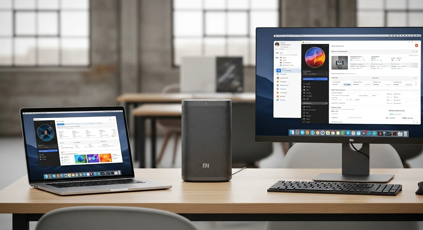 Una bocina inteligente Xiaomi Mi Smart Speaker sobre un escritorio moderno junto a una laptop y un monitor, mostrando la integración con computadoras.
