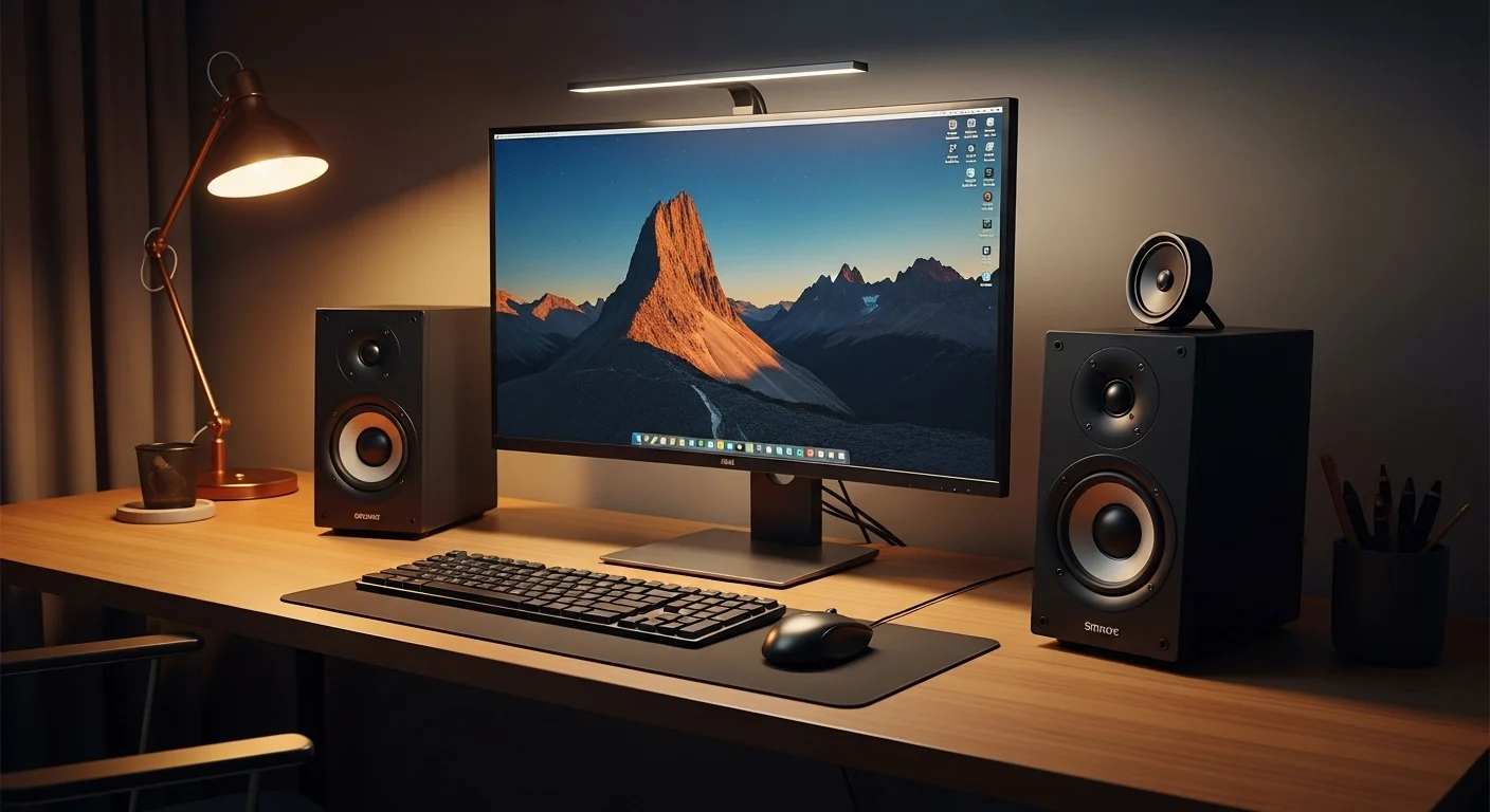 Moderno setup de computadoras con Bocinas 3 de alta fidelidad iluminadas sobre un escritorio de madera.