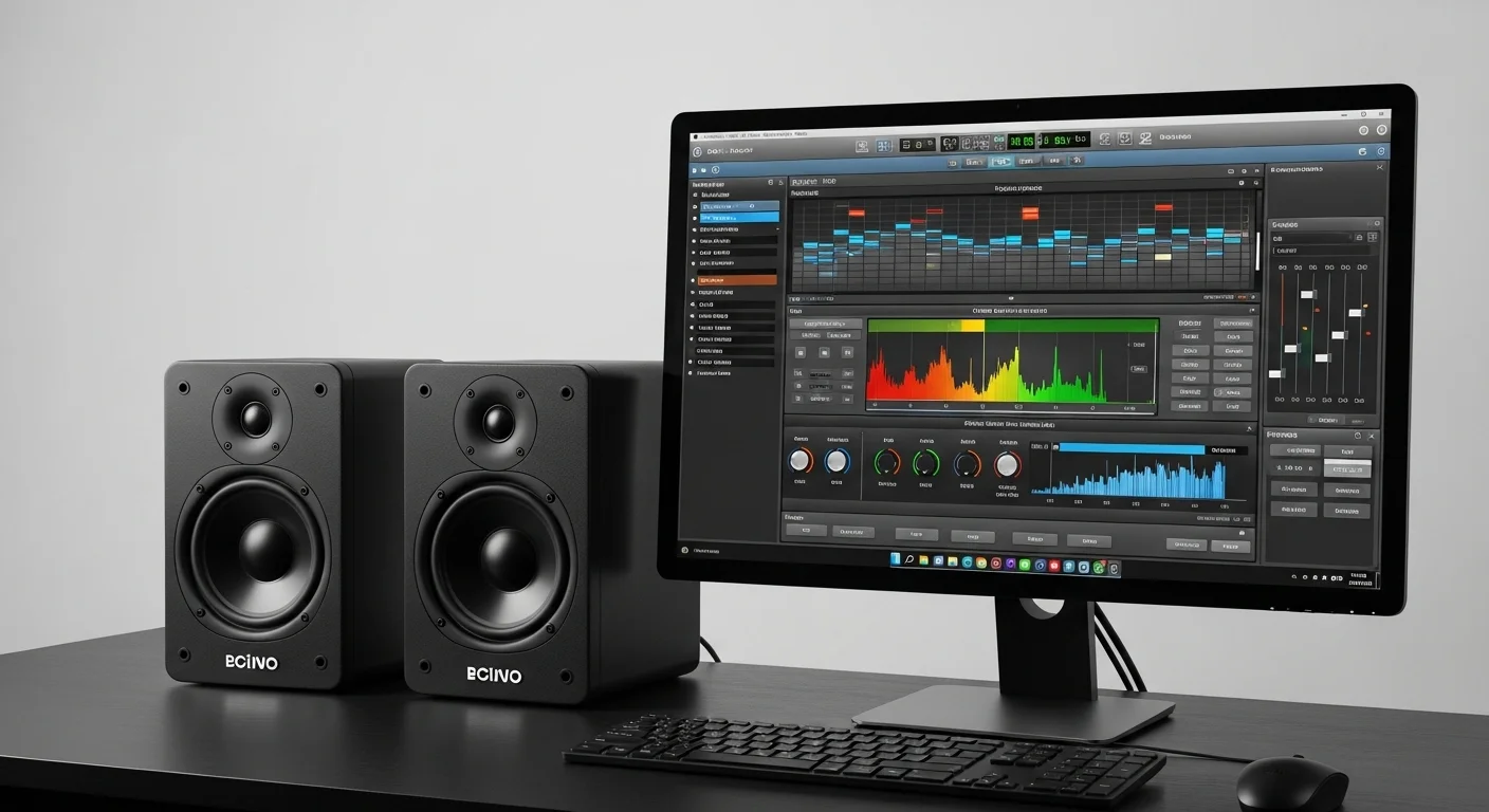 Setup de audio de alta fidelidad con bocinas 6.5 pulgadas de color negro junto a un monitor de computadora mostrando un software de ecualización de audio.