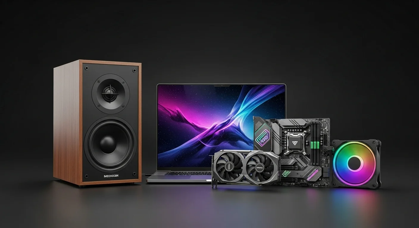 Una composición de unas bocinas 6x9 junto a una laptop y componentes de computadoras, simbolizando la unión del audio de alta fidelidad y la tecnología.
