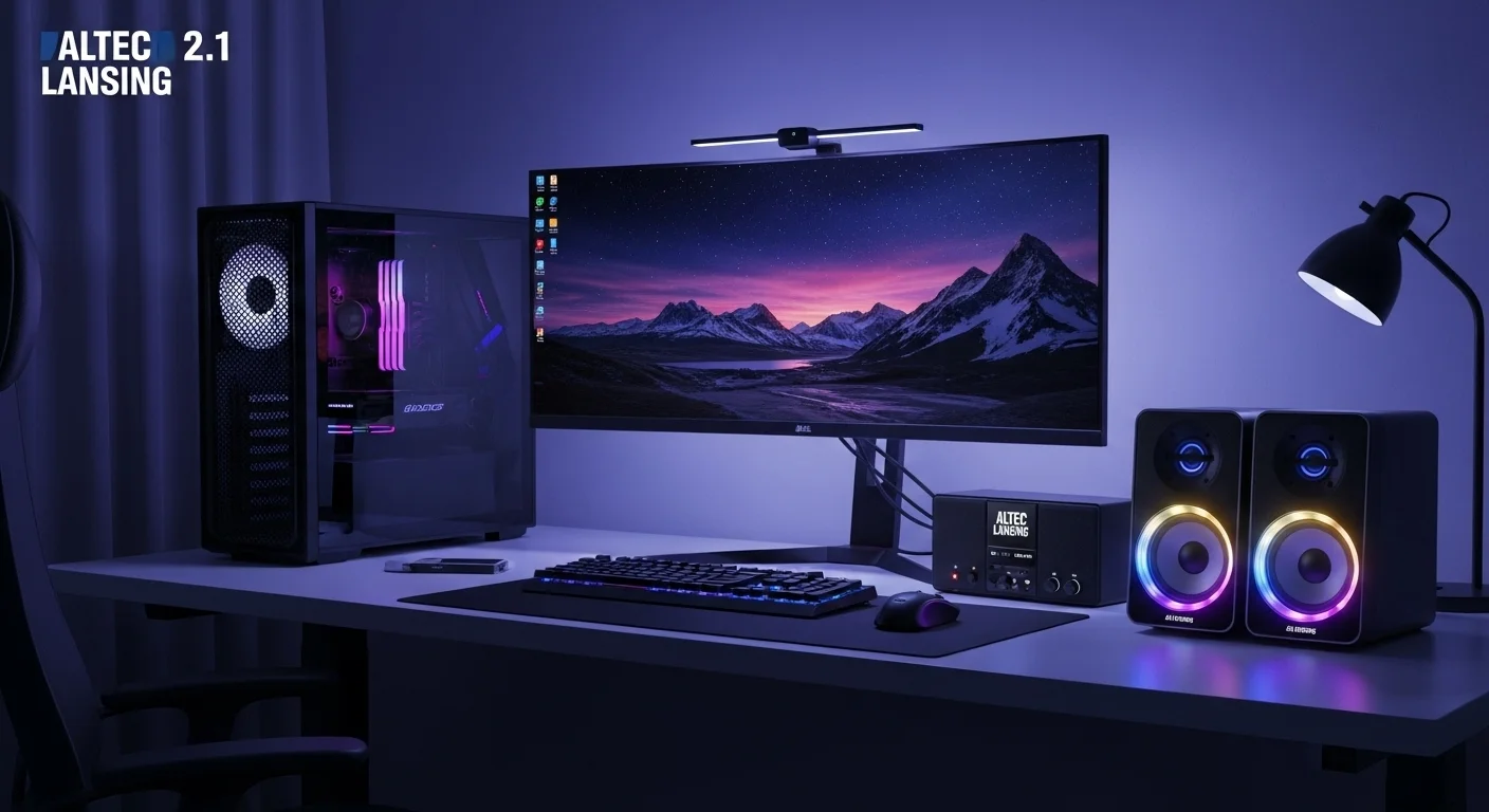 Escritorio moderno con una computadora de alto rendimiento, monitor curvo y un sistema de bocinas Altec Lansing 2.1 iluminado con LEDs.