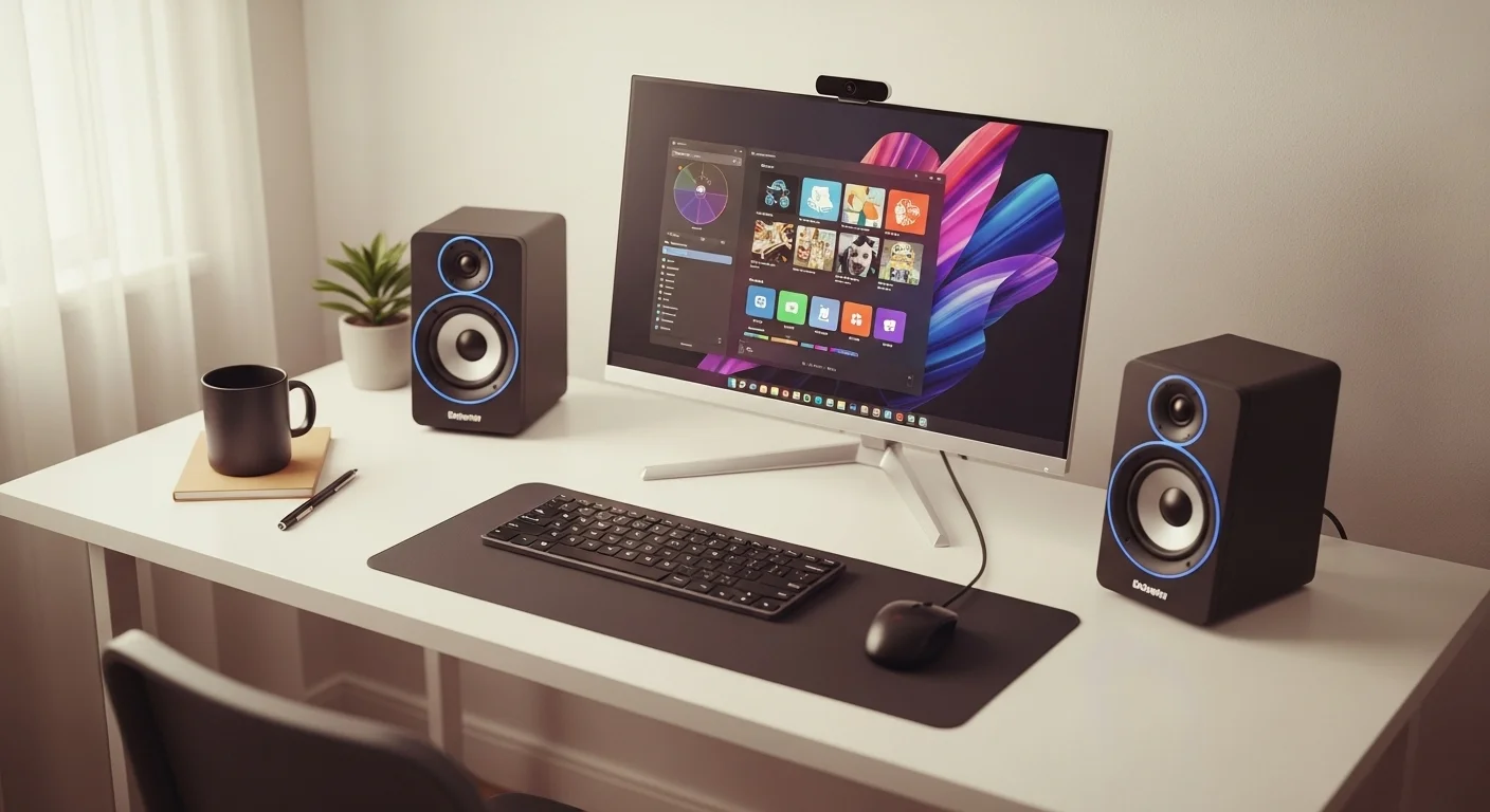 Estación de trabajo moderna con un par de bocinas amplificadas flanqueando un monitor de computadora, demostrando un setup de audio profesional para oficina.