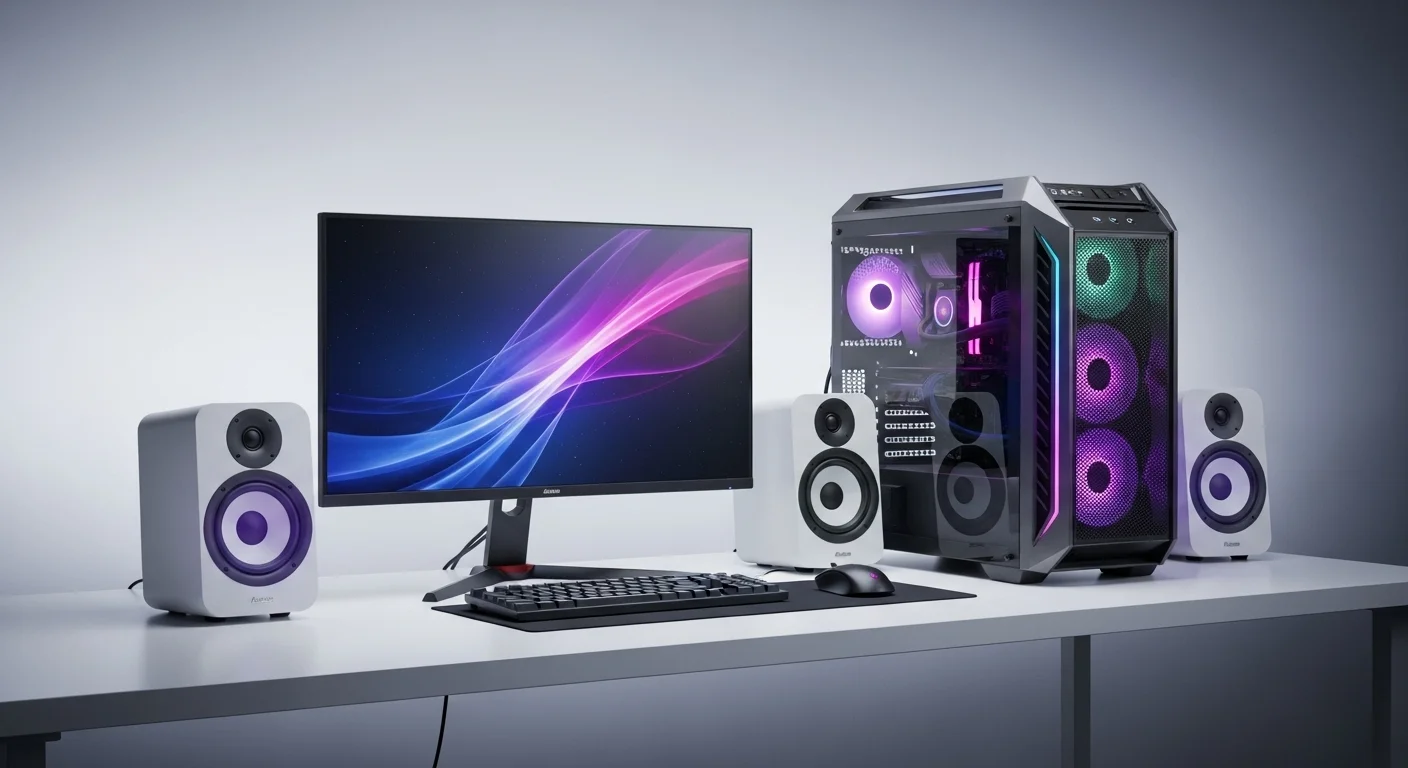 Setup de escritorio moderno con computadora, monitor y bocinas de alta fidelidad, representando el concepto de audio de calidad para computadoras