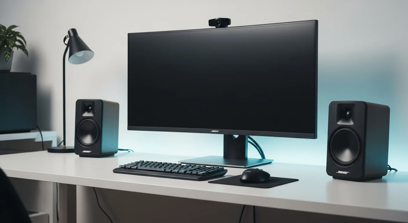 Escritorio de trabajo moderno con computadora y Bocinas Bose Companion para un sonido inmersivo.