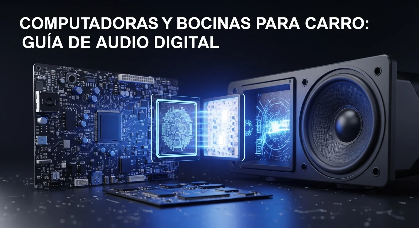 Una ilustración futurista que muestra la interconexión entre una placa de circuito de computadora y un sistema de bocinas para carro de alta tecnología.