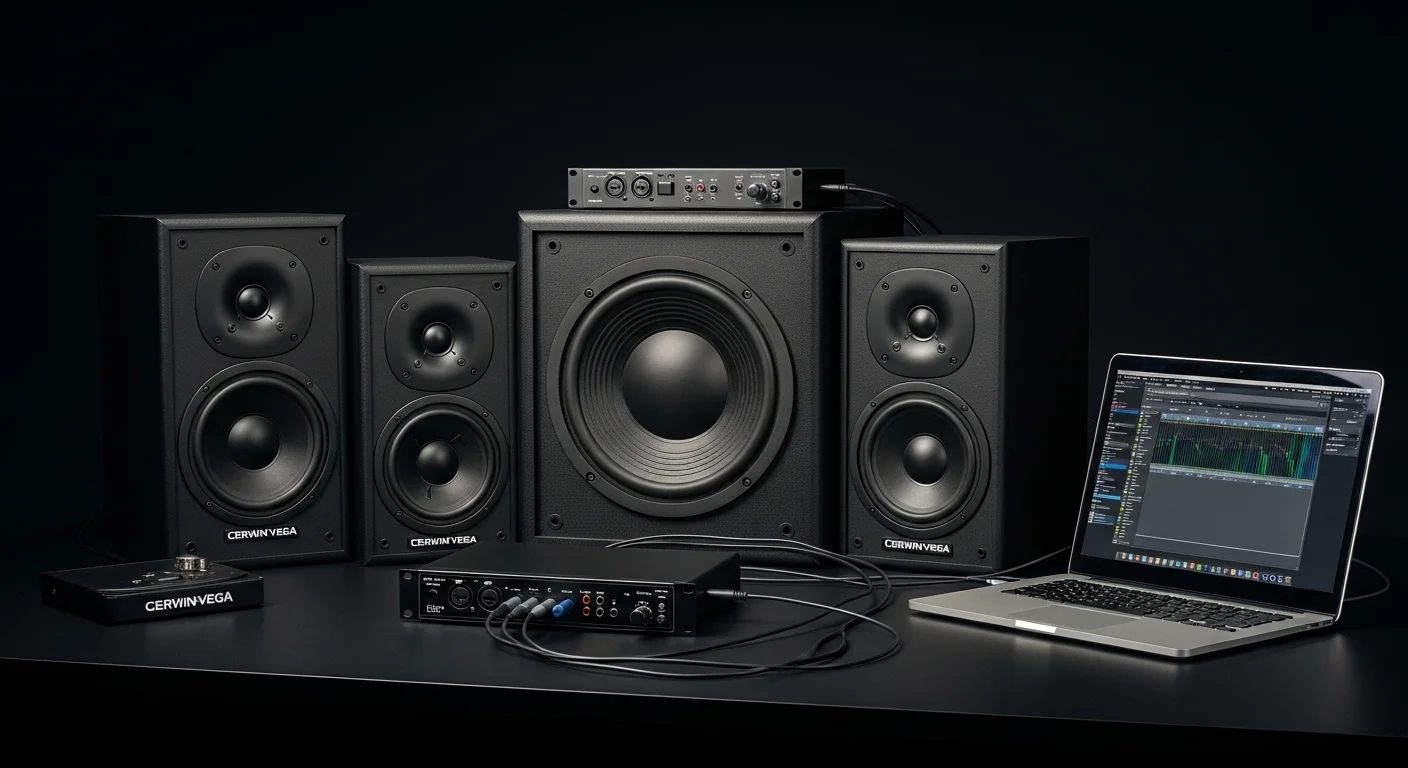 Setup de computadora con varias bocinas Cerwin-Vega, mostrando un subwoofer de 18 pulgadas y bocinas de 15 pulgadas conectadas a una interfaz de audio y una laptop