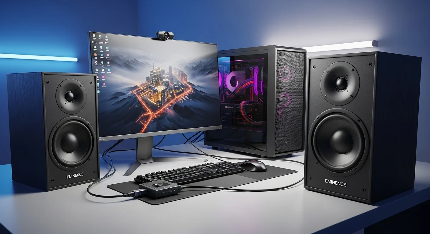 Una configuración de audio profesional con bocinas Eminence conectadas a una computadora de alto rendimiento en un estudio moderno, destacando la tecnología de audio.