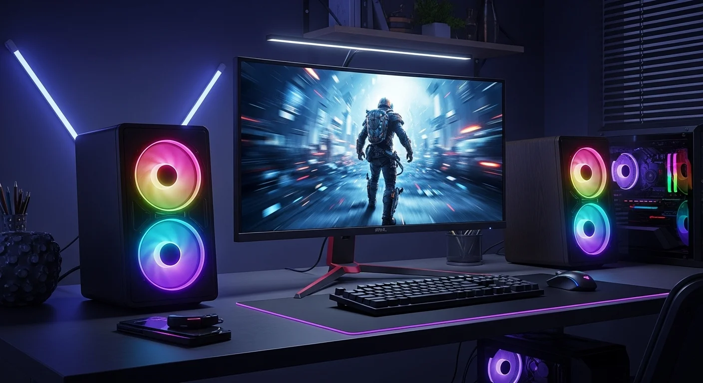 Setup de computadoras con dos bocinas grandes iluminadas con RGB a los lados de un monitor para gaming