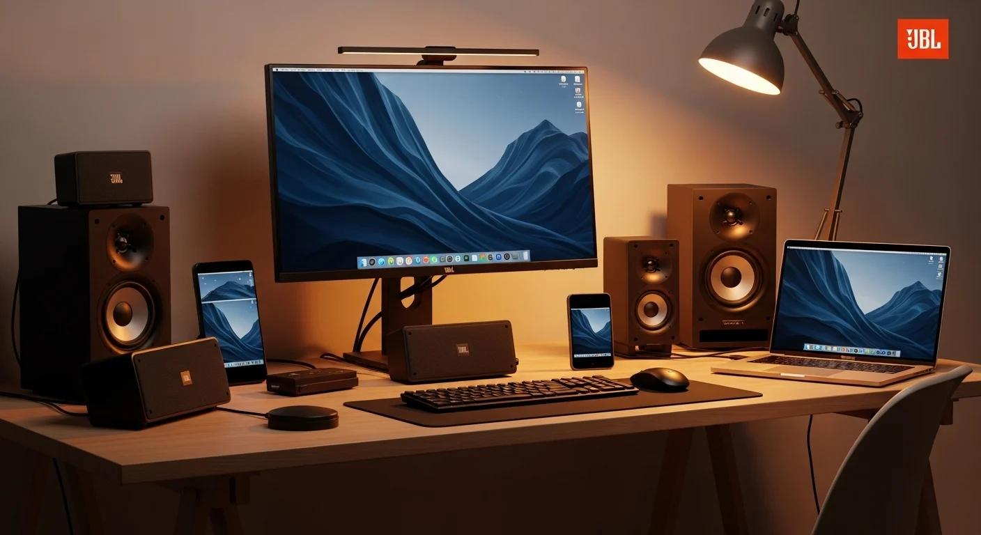 Escritorio de trabajo moderno con varias Bocinas JBL junto a computadoras y laptops, mostrando la sinergia entre audio de calidad y tecnología.